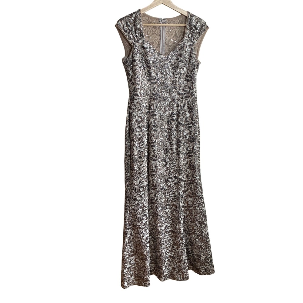 Alex Evenings Sequin Floral Lace Gown 4 Taupe Silver Women Evening Dress